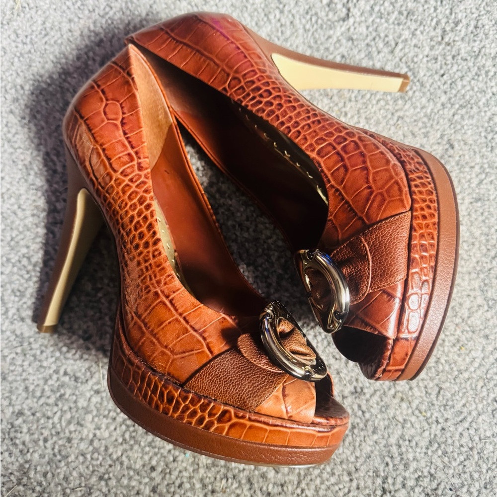 BCBG Croc-Embossed Tan Peep-Toe Heels